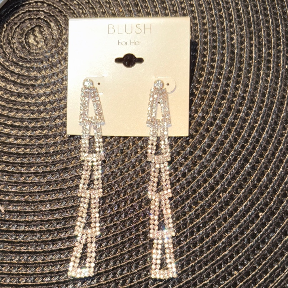 0132) Blush; Silver Tone fine rhinestone Dangle Earrings